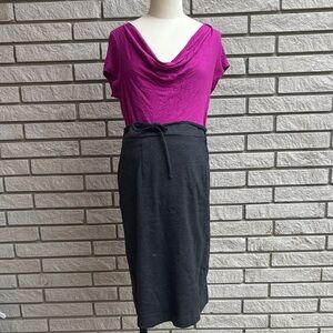 Motherhood Maternity Colourblock Dress Magenta Draped Neck with Grey Skirt Sz M